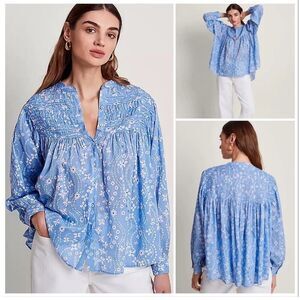 Monsoon Blouse XXL Blue Dahlia Ditsy Floral Garden Boho Prairie Peasant Flowy